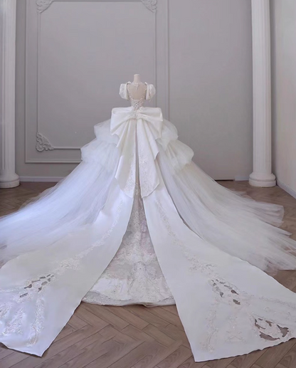 Gen Z Style A-Line Illusion Neck Bridal Gowns Tulle Bows Beads Sequins Cutout Wedding Dress AP3137