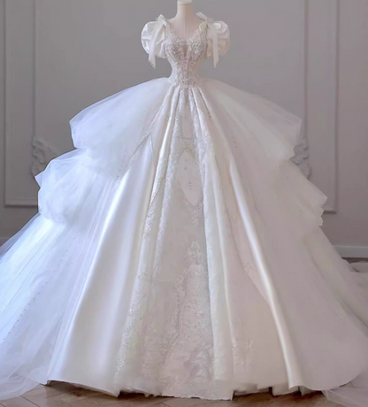 Gen Z Style A-Line Illusion Neck Bridal Gowns Tulle Bows Beads Sequins Cutout Wedding Dress AP3137