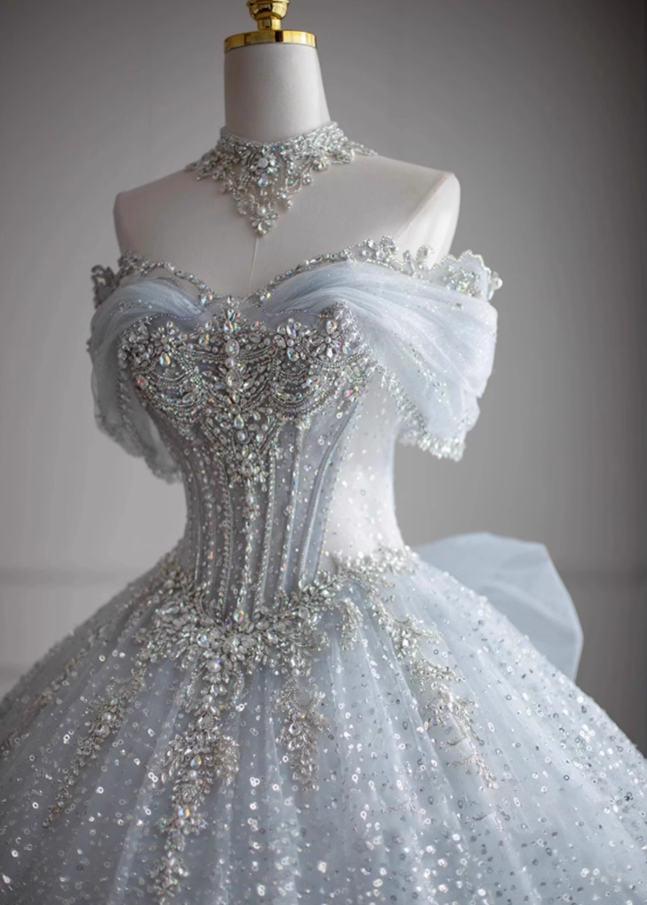 Romantic A-Line Off-Shoulder Engagement Gowns Appliques Beads Sequins Rhinestones Wedding Dress AP3138