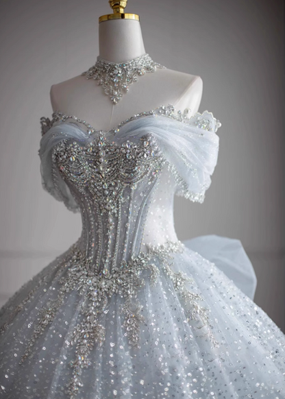 Romantic A-Line Off-Shoulder Engagement Gowns Appliques Beads Sequins Rhinestones Wedding Dress AP3138