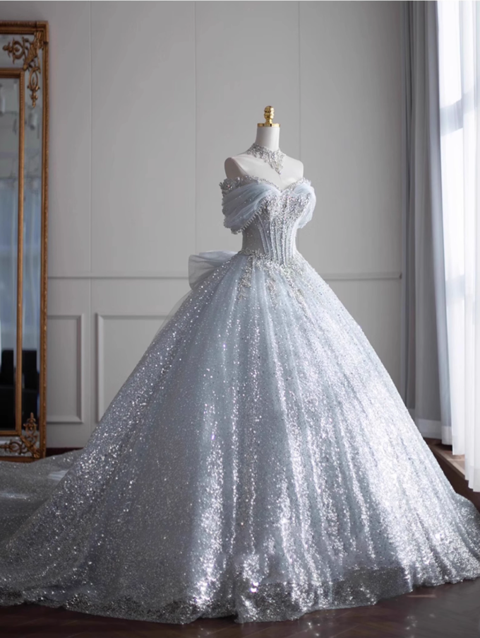 Romantic A-Line Off-Shoulder Engagement Gowns Appliques Beads Sequins Rhinestones Wedding Dress AP3138