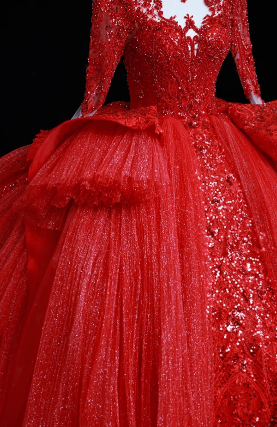 Red A-Line Jewel Neck Evening Gowns Appliques Sequins Tulle Cutout Prom Dress AP3139