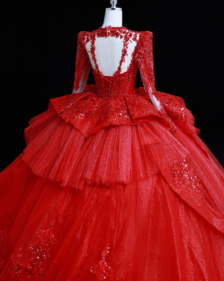 Red A-Line Jewel Neck Evening Gowns Appliques Sequins Tulle Cutout Prom Dress AP3139