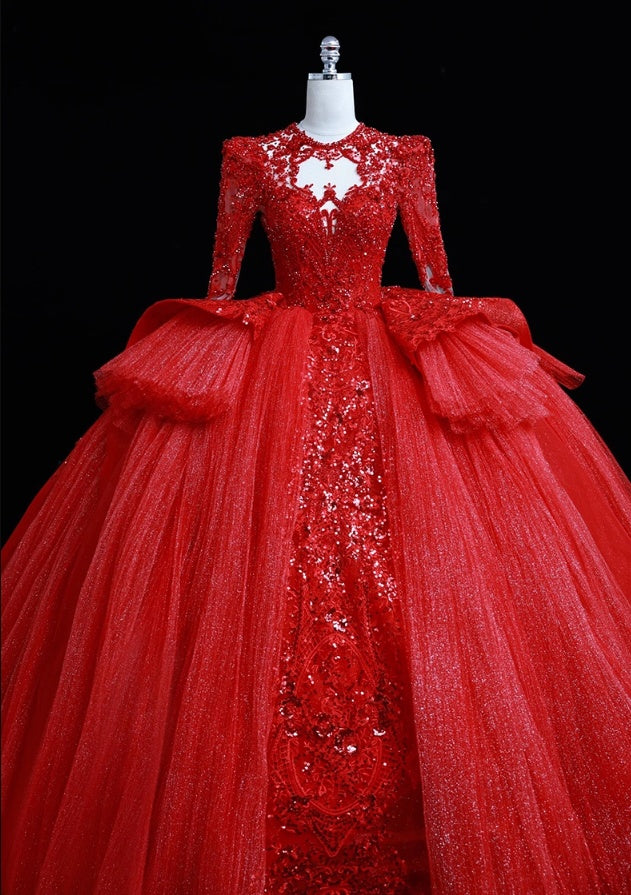 Red A-Line Jewel Neck Evening Gowns Appliques Sequins Tulle Cutout Prom Dress AP3139