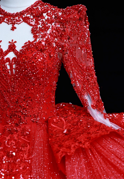 Red A-Line Jewel Neck Evening Gowns Appliques Sequins Tulle Cutout Prom Dress AP3139