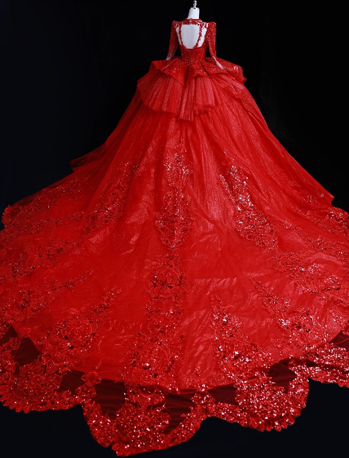 Red A-Line Jewel Neck Evening Gowns Appliques Sequins Tulle Cutout Prom Dress AP3139