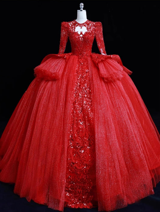 Red A-Line Jewel Neck Evening Gowns Appliques Sequins Tulle Cutout Prom Dress AP3139