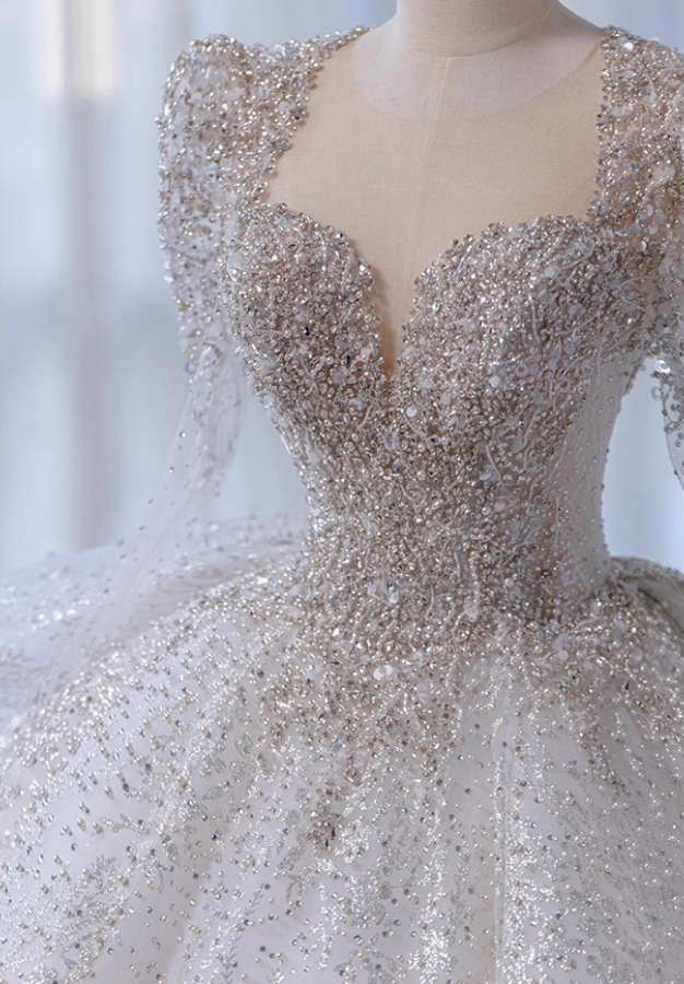 Ornate A-Line Illusion Neck Bridal Gowns Beading Sequins Tulle Wedding Dress AP3140