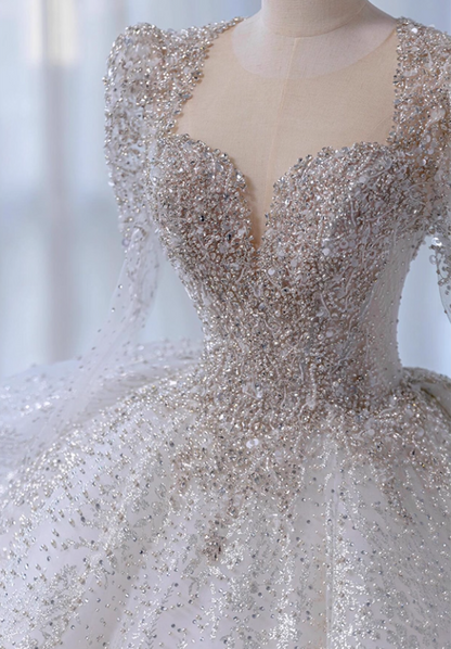 Ornate A-Line Illusion Neck Bridal Gowns Beading Sequins Tulle Wedding Dress AP3140