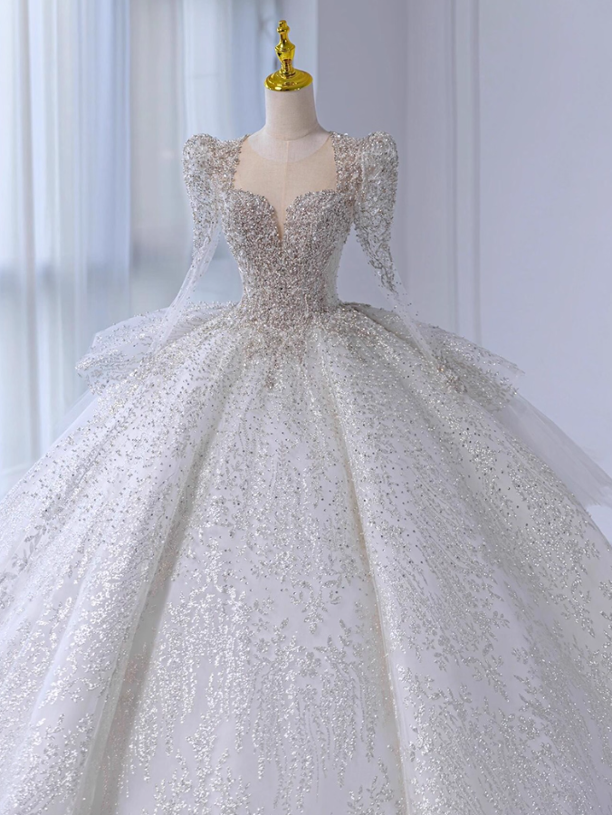 Ornate A-Line Illusion Neck Bridal Gowns Beading Sequins Tulle Wedding Dress AP3140