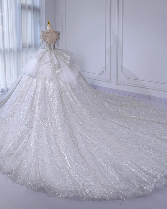 Ornate A-Line Illusion Neck Bridal Gowns Beading Sequins Tulle Wedding Dress AP3140