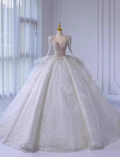 Ornate A-Line Illusion Neck Bridal Gowns Beading Sequins Tulle Wedding Dress AP3140