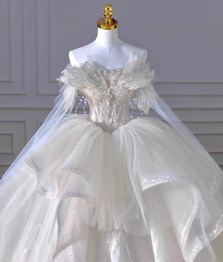 Fabulous A-Line Off-Shoulder Engagement Gowns Beading Sequins Long Sleeve Wedding Dress AP3141