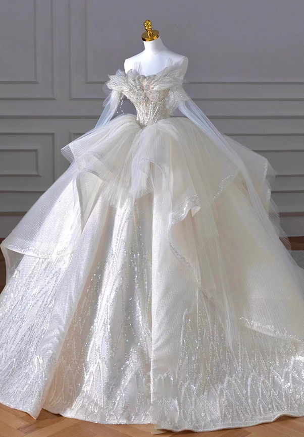 Fabulous A-Line Off-Shoulder Engagement Gowns Beading Sequins Long Sleeve Wedding Dress AP3141