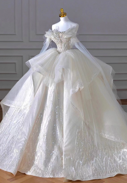 Fabulous A-Line Off-Shoulder Engagement Gowns Beading Sequins Long Sleeve Wedding Dress AP3141