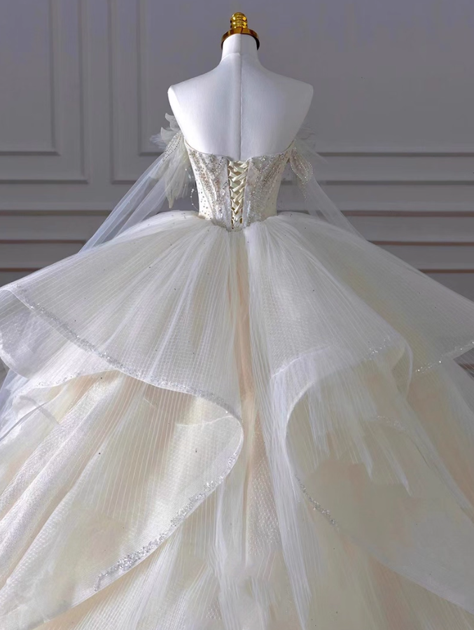 Fabulous A-Line Off-Shoulder Engagement Gowns Beading Sequins Long Sleeve Wedding Dress AP3141