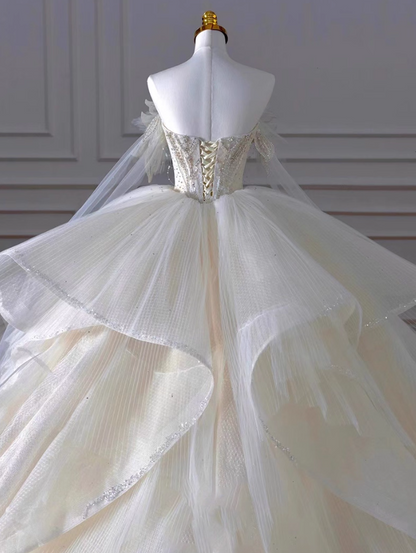 Fabulous A-Line Off-Shoulder Engagement Gowns Beading Sequins Long Sleeve Wedding Dress AP3141