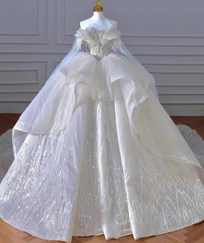 Fabulous A-Line Off-Shoulder Engagement Gowns Beading Sequins Long Sleeve Wedding Dress AP3141