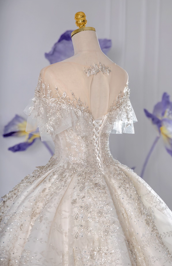 Chic A-Line Illusion Neck Bridal Gowns Beads Sequins Tulle Short Sleeve Wedding Dress AP3142