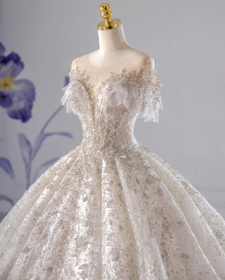 Chic A-Line Illusion Neck Bridal Gowns Beads Sequins Tulle Short Sleeve Wedding Dress AP3142