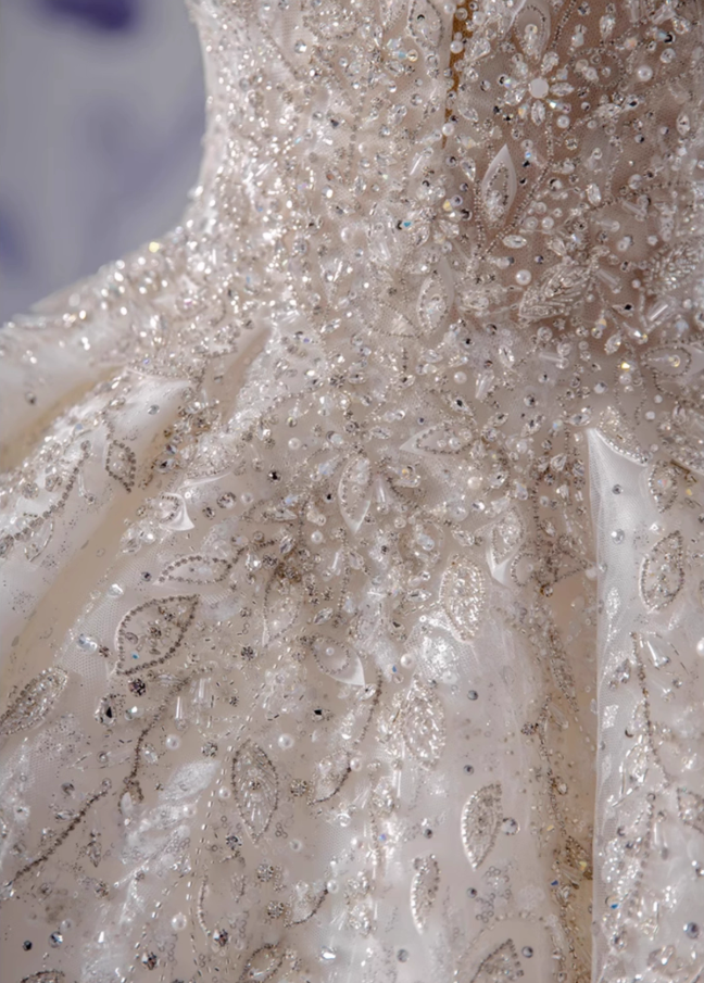 Chic A-Line Illusion Neck Bridal Gowns Beads Sequins Tulle Short Sleeve Wedding Dress AP3142