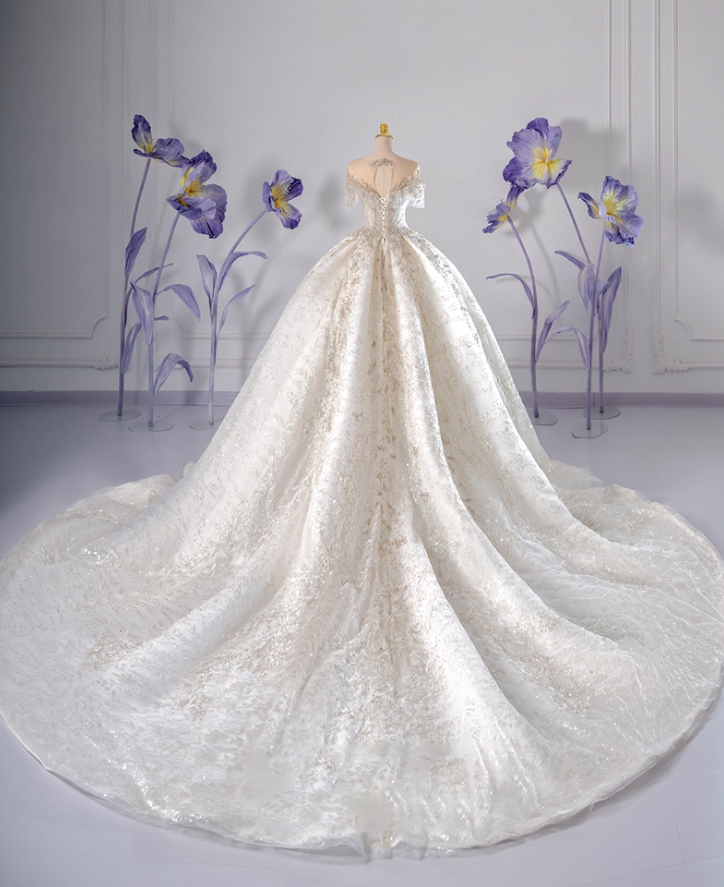 Chic A-Line Illusion Neck Bridal Gowns Beads Sequins Tulle Short Sleeve Wedding Dress AP3142