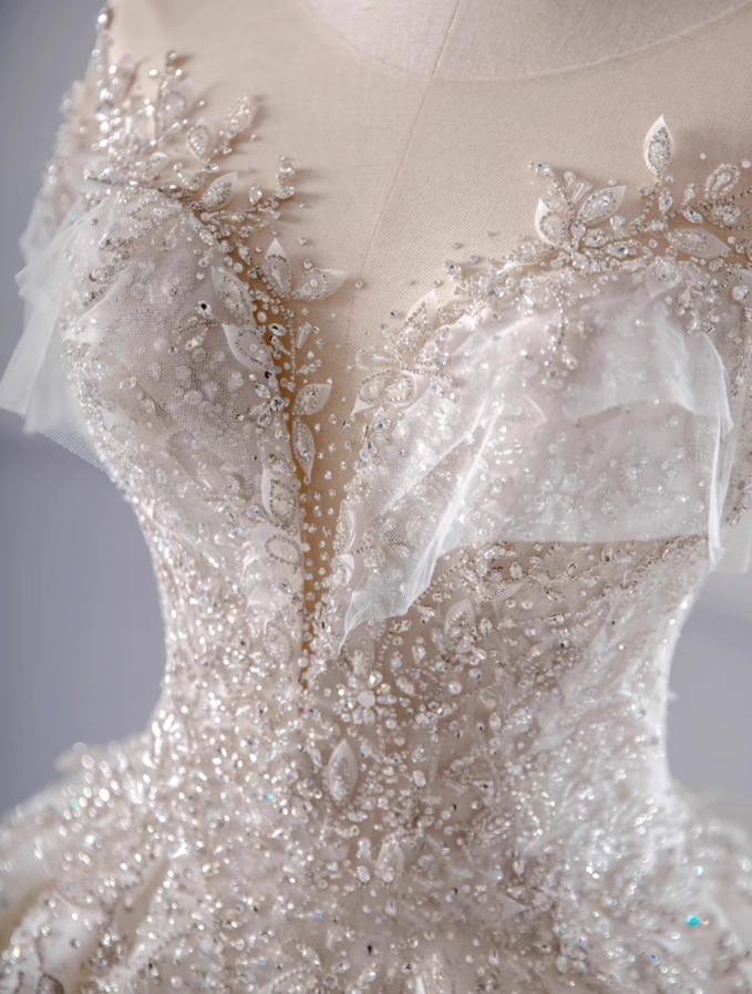 Chic A-Line Illusion Neck Bridal Gowns Beads Sequins Tulle Short Sleeve Wedding Dress AP3142