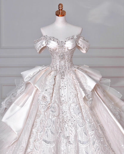 Luxurious A-Line Off-Shoulder Engagement Gowns Lace Beads Sequins Rhinestones Wedding Dress AP3143