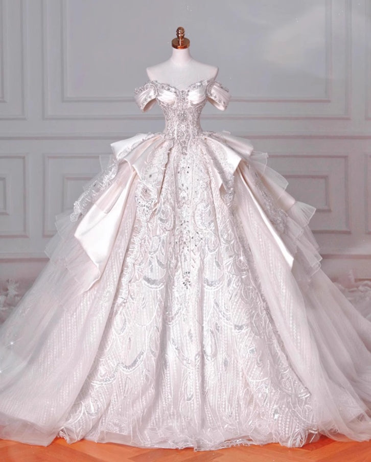 Luxurious A-Line Off-Shoulder Engagement Gowns Lace Beads Sequins Rhinestones Wedding Dress AP3143