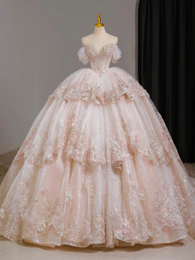 Luxury Off-Shoulder A-Line Evening Gowns Tiered Appliques Beading Rhinestones Sequins Prom Dress AP3044