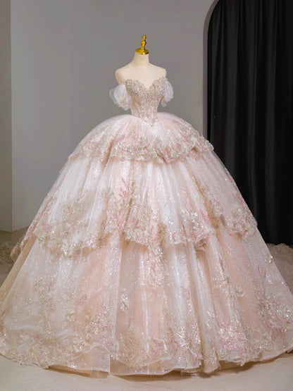 Luxury Off-Shoulder A-Line Evening Gowns Tiered Appliques Beading Rhinestones Sequins Prom Dress AP3044