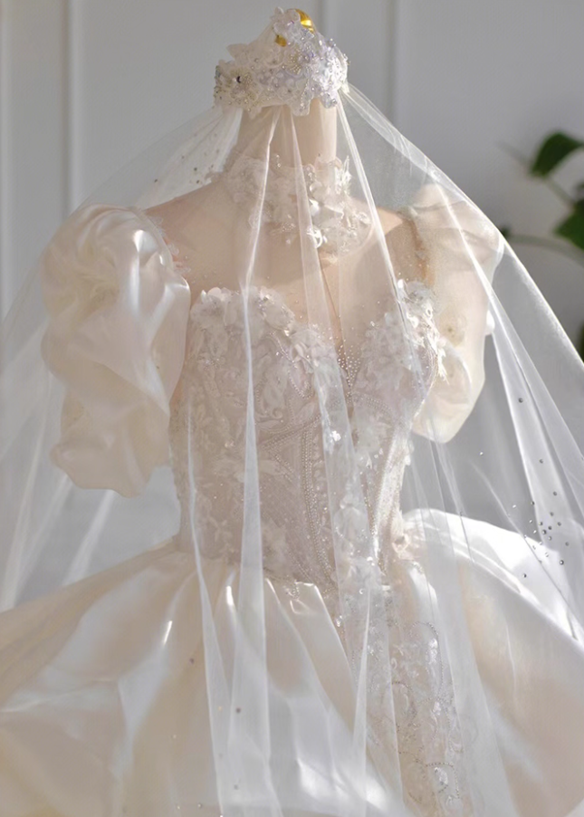 Graceful A-Line Illusion Neck Bridal Gowns Puffy Sleeve Beads Sequins Appliques Satin Wedding Dress AP3145