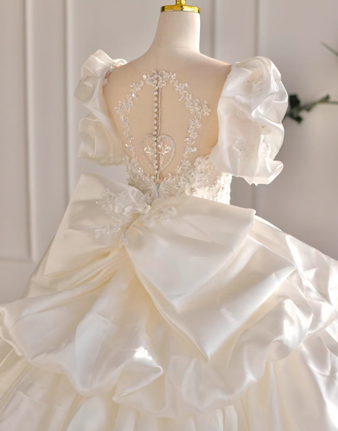 Graceful A-Line Illusion Neck Bridal Gowns Puffy Sleeve Beads Sequins Appliques Satin Wedding Dress AP3145