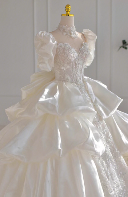 Graceful A-Line Illusion Neck Bridal Gowns Puffy Sleeve Beads Sequins Appliques Satin Wedding Dress AP3145