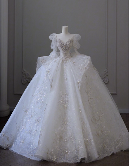 Elegant A-Line V Neck Bridal Gowns Beading Appliques Long Sleeve Wedding Dress AP3146