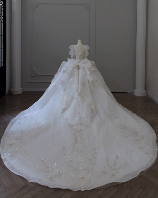 Elegant A-Line V Neck Bridal Gowns Beading Appliques Long Sleeve Wedding Dress AP3146