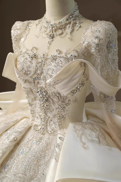 Classical A-Line Jewel Neck Bridal Gowns Beading Appliques Sequins Long Sleeve Wedding Dress AP3147