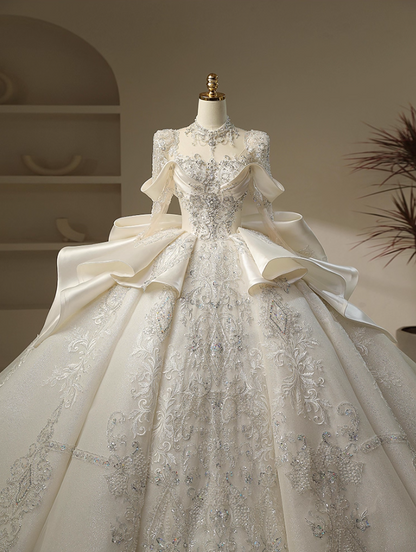 Classical A-Line Jewel Neck Bridal Gowns Beading Appliques Sequins Long Sleeve Wedding Dress AP3147