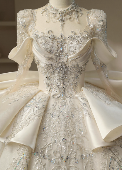 Classical A-Line Jewel Neck Bridal Gowns Beading Appliques Sequins Long Sleeve Wedding Dress AP3147