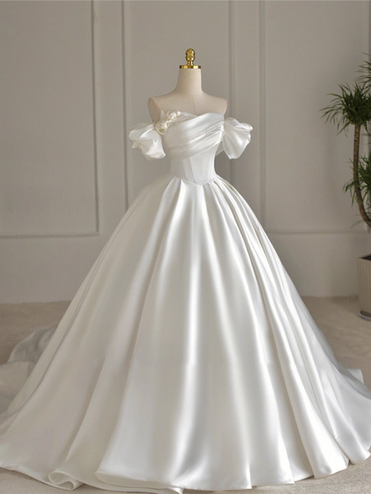 Fantastic A-Line Off-Shoulder Engagement Gowns Handmade Flowers Beading Satin Wedding Dress AP3148
