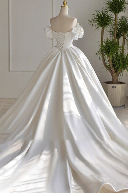 Fantastic A-Line Off-Shoulder Engagement Gowns Handmade Flowers Beading Satin Wedding Dress AP3148
