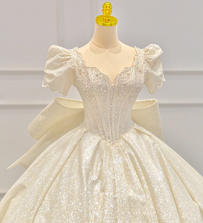 Sweet A-Line Sweetheart Neck Bridal Gowns Beads Crystals Bows Short Sleeve Wedding Dress AP3149