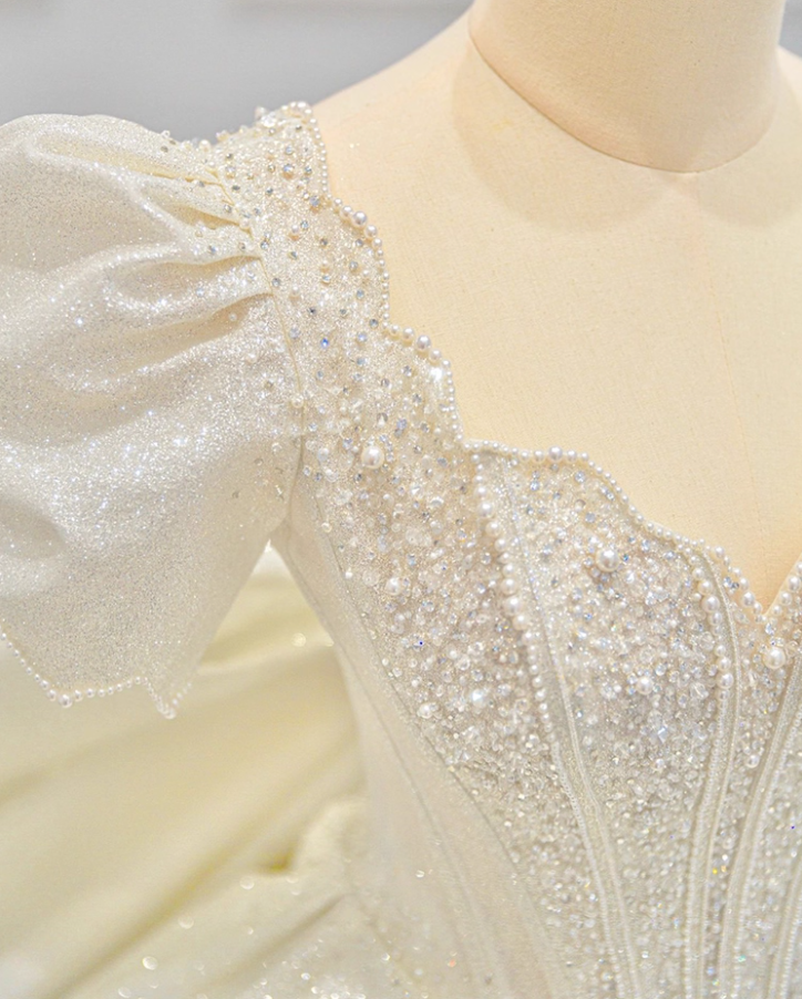 Sweet A-Line Sweetheart Neck Bridal Gowns Beads Crystals Bows Short Sleeve Wedding Dress AP3149