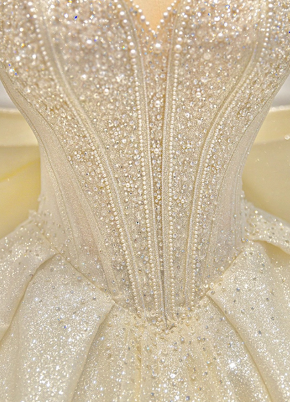 Sweet A-Line Sweetheart Neck Bridal Gowns Beads Crystals Bows Short Sleeve Wedding Dress AP3149