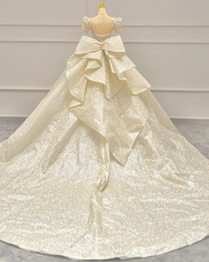 Sweet A-Line Sweetheart Neck Bridal Gowns Beads Crystals Bows Short Sleeve Wedding Dress AP3149