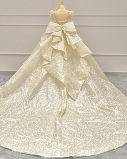 Sweet A-Line Sweetheart Neck Bridal Gowns Beads Crystals Bows Short Sleeve Wedding Dress AP3149