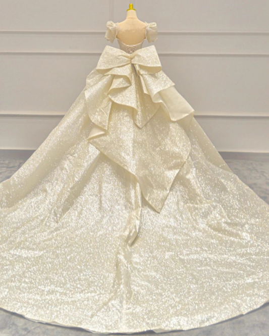 Sweet A-Line Sweetheart Neck Bridal Gowns Beads Crystals Bows Short Sleeve Wedding Dress AP3149