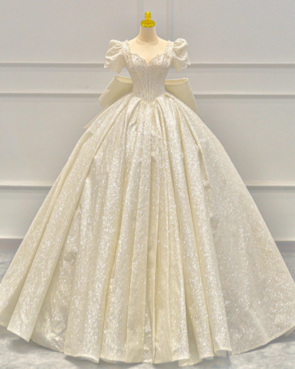 Sweet A-Line Sweetheart Neck Bridal Gowns Beads Crystals Bows Short Sleeve Wedding Dress AP3149