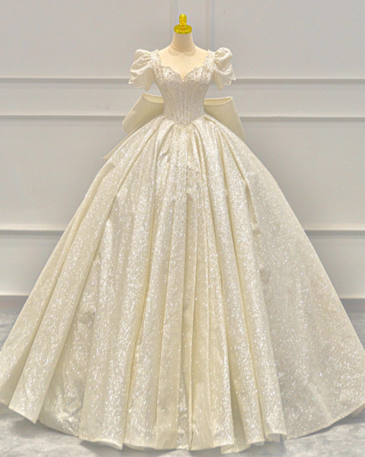 Sweet A-Line Sweetheart Neck Bridal Gowns Beads Crystals Bows Short Sleeve Wedding Dress AP3149