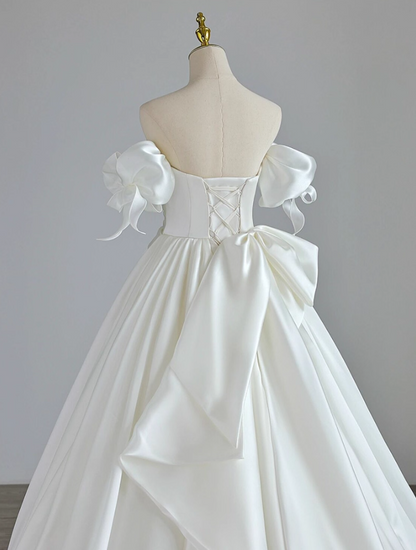 Cute A-Line Off-Shoulder Engagement Gowns With Train Satin Bows Wedding Dress AP3150